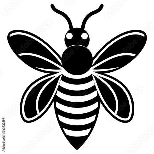 Stylized black and white silhouette of a bee with striped abdomen and patterned wings