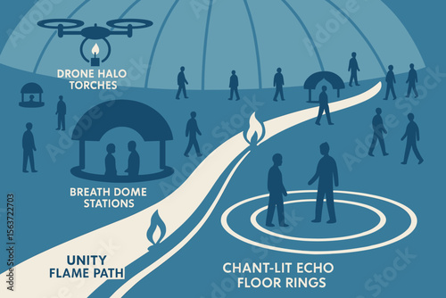 Futuristic, community-focused space with drone torches, breathing stations, and flame-lit paths.
