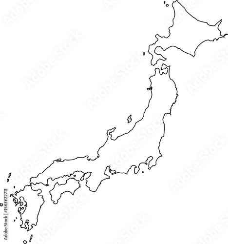 Blank map of Japan showing only national borders. Ideal for educational, geographical, or custom design purposes. No internal divisions.

