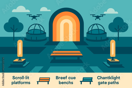 Stylized futuristic park with glowing archway, drones, and labeled benches