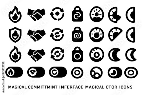Black silhouette icon set with fire, handshake, locks, dials, and toggles