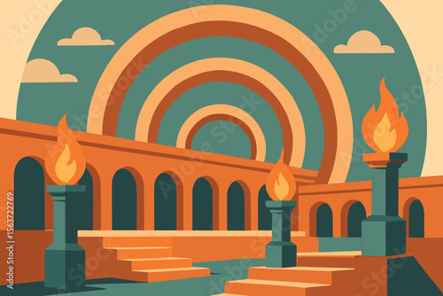 Stylized ancient courtyard with flaming torches and layered arches
