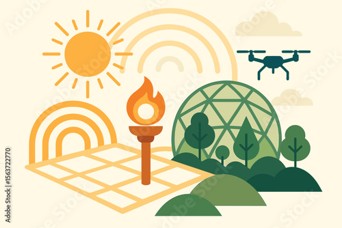 Minimalist eco landscape with geodome, sun, drone, and greenery