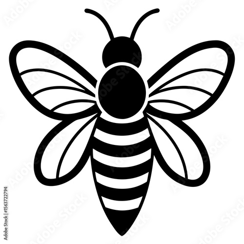 Stylized black and white illustration of a bee with striped abdomen and patterned wings