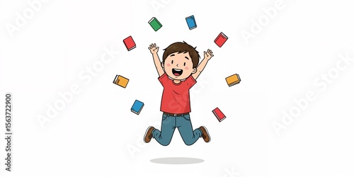 Energetic Child in Mid-Jump with Flying Books – Fun Education Concept in Bold Cartoon Vector Design on Isolated White Background

