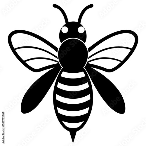 Stylized black and white icon of a honey bee with stripes and wings
