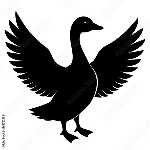 Black silhouette of a goose with wings spread wide on a white background
