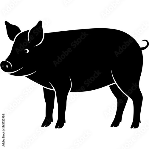 Simple black silhouette of a smiling pig standing on a white background