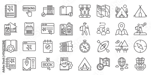 Adventure Travel Journal set of web icons in line style. adventure travel journal, travel diary, wilderness journal and camping travel notes.  Vector illustration