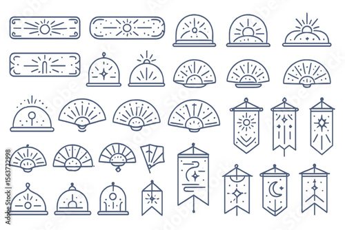 Mystical icon set with banners, sun motifs, and fan shapes in blue