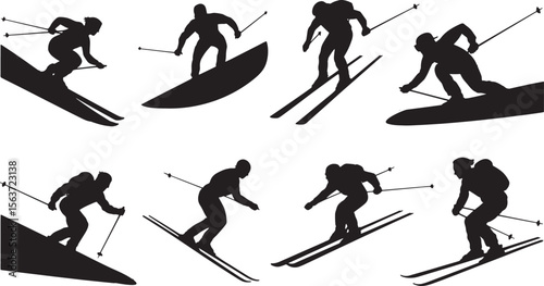 Dynamic Skiing Winter Sport Activity Silhouettes Set