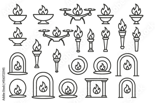Outline icon set of flames, torches, bowls, drones, and portals