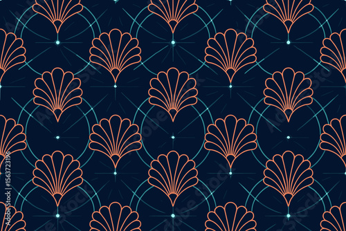 Seamless retro fan pattern with coral lines and teal circles on dark blue