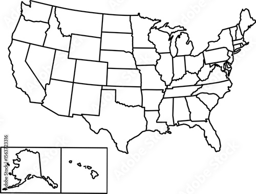 Outline map of the United States with state borders. Monochrome and unlabeled, perfect for education, design, or regional analysis.

