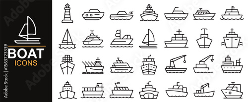 Minimalistic nautical-themed icons depicting ships, yachts, sailboats, and a lighthouse in simple line style.