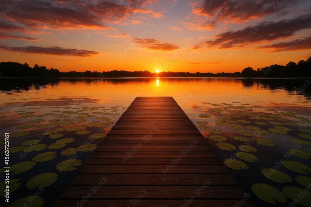 Fototapeta premium A wooden dock in the middle of a lake at sunset