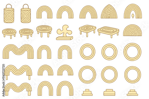 Minimalist icon set of arches, tables, and rings on golden background