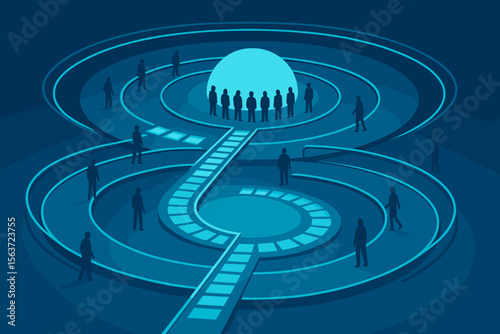 Futuristic gathering space with glowing dome and spiral walkways