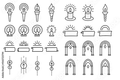 Monochrome ceremonial icon set with torches, candles, and scrolls