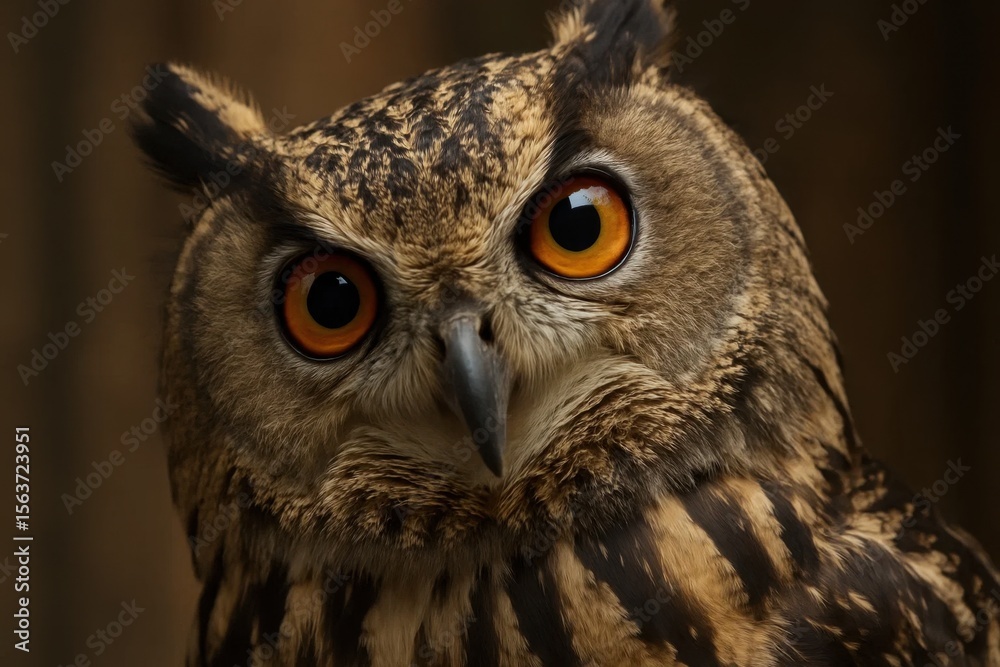Fototapeta premium A close up of an owl's face with orange eyes