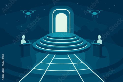 Futuristic debate platform with glowing path and surveillance drones