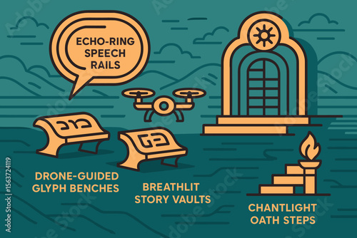 Futuristic ceremonial zone with glyph benches, drone, echo rail, and flame steps