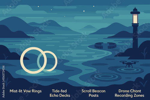 Tranquil night shoreline with vow rings, echo decks, beacon post, and drone zones