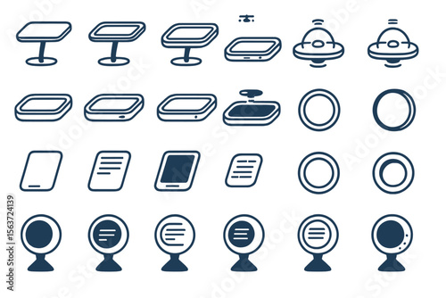 Futuristic interface icon set featuring tables, displays, drones, and control hubs