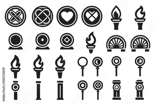 Dark themed ritual icons with torches, symbols, and sacred motifs