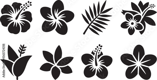 Tropical Plumeria Flower Palm Leaf Icons Set