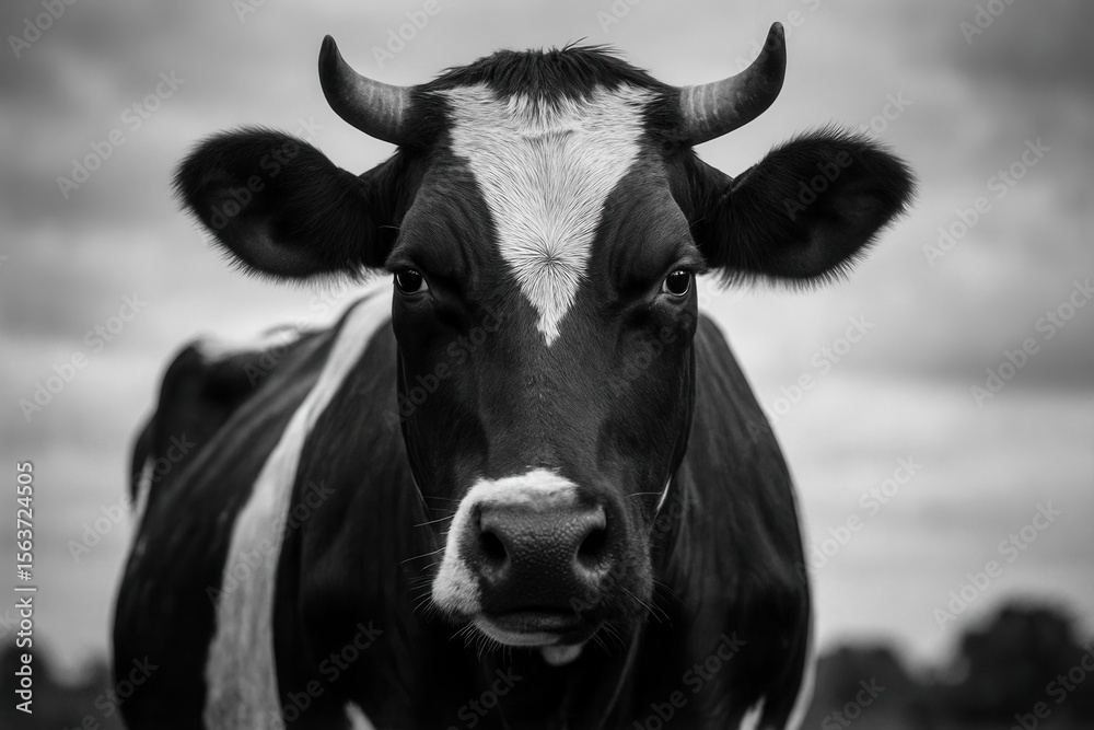 Naklejka premium A black and white photo of a cow with horns