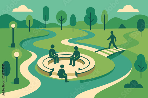 Illustration of a park with a walking path, circular benches, and a bridge, featuring people relaxing and walking.