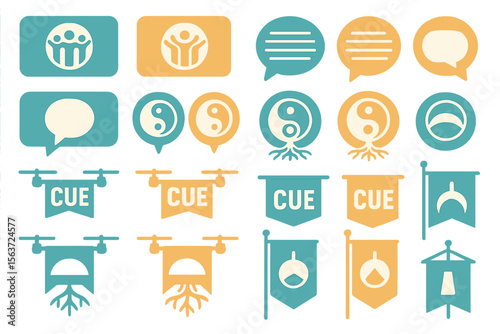 A set of vibrant icons depicting communication, harmony, and guidance cues, featuring flags, speech bubbles, and symbolic imagery.