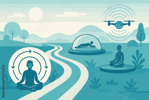 Illustration depicting peaceful wellness activities: a person meditating with a breath cue, a mist dome for relaxation, and a drone providing aura feedback in a serene outdoor setting.