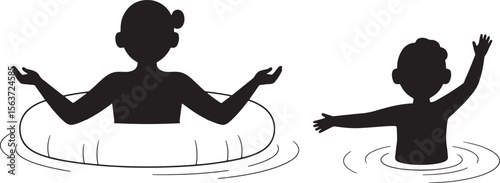 Swimming & Water Recreation Silhouettes: Adults & Kids Enjoying Pool or Beach Activities, Summer Fun