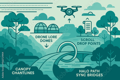 Futuristic nature-inspired design featuring drone domes, flying drones, sync bridges, and tech elements in a conceptual landscape.