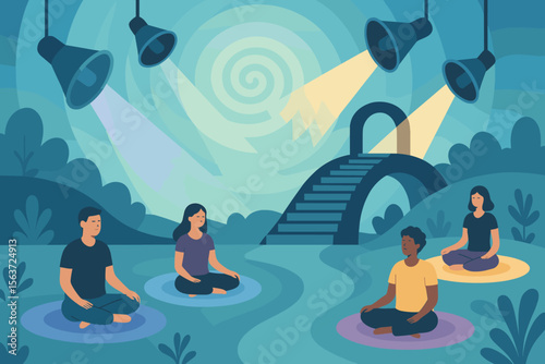 Group meditation under spotlights with surreal spiral backdrop