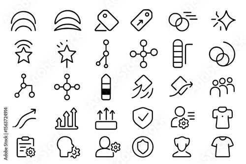 Collection of black icons representing growth, people, business, and productivity metrics.