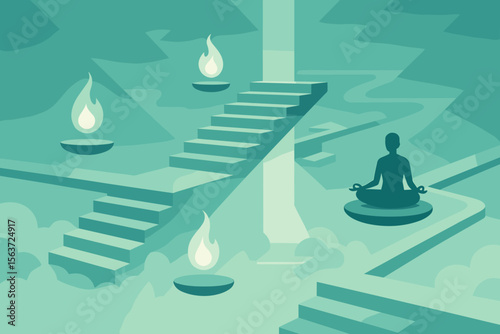 Abstract illustration of a meditative figure floating in a tranquil, dreamlike setting with glowing flames and floating stairs.