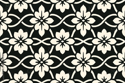 Bold floral pattern with contrasting white flowers and black background.