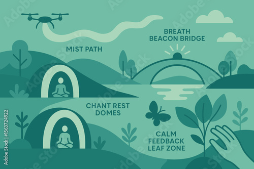 Illustrated serene nature zone with drone mist paths, meditation domes, and interactive flora