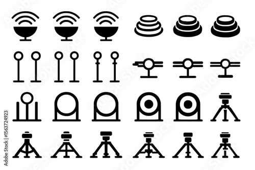 Dark-themed vector icons of futuristic sensors, tripods, and transmitters