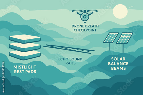 Illustration of futuristic design elements including drones, solar panels, and eco-friendly features.