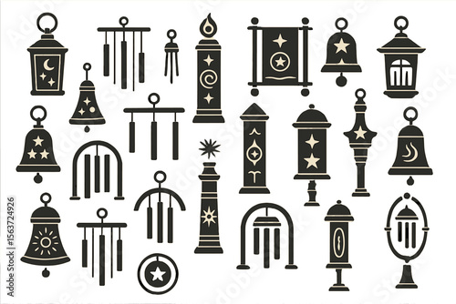 Set of decorative lantern, chime, and bell icons in vintage style