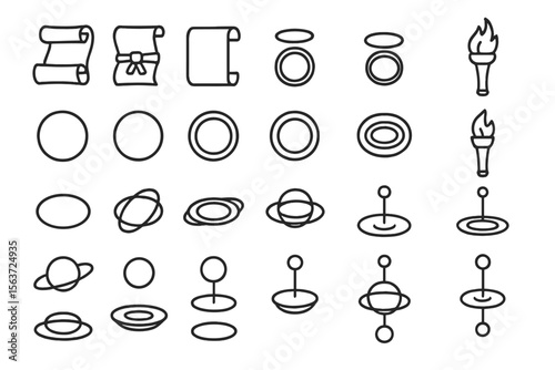 Minimal fantasy icon set with scrolls, rings, torches, and orbital glyphs