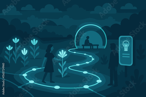 Futuristic night trail with interactive glowing path, illuminated flora, and reflection dome