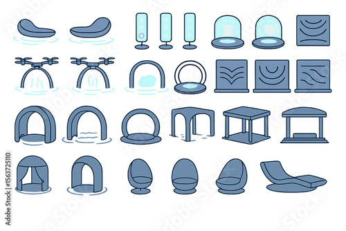 A collection of 30 vector icons illustrating futuristic, immersive design elements for relaxation