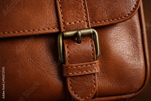 A close up of a brown leather bag with a metal buckle