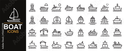 Simple black and white boat icons, perfect for website designs and marine industry branding.