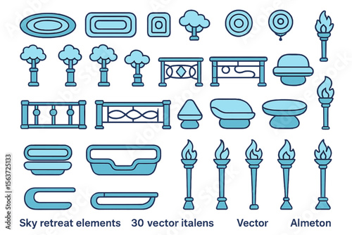 Fantasy retreat asset set with trees, mats, torches, seating, and structures